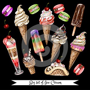 Big set of different types of ice cream. Vector.