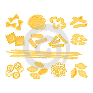 Big set with the different types of italian pasta vector illustration