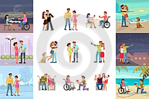 Big set of different types of romantic relationships of disabled people