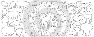Big set of doodle cartoon isolated African American forest animals icons. Vector outline tiger lion rhinoceros buffalo zebra