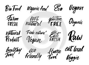 Big set of eco food labels and inscriptions isolated on white ba