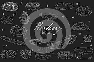 Big set of elements with hand drawn bakery products on a chalkboard background