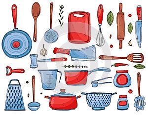 Big set elements with hand drawn kitchenware isolate on a white background.