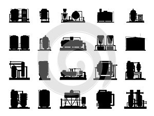 Big set elements of Production plant. Silhouette of objects. Industrial technical equipment. Isolated on white
