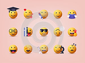 Big set of emoticon smile icons. Education. Cartoon emoji set. 3D Web Vector Illustrations