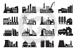 Big set of factory  plant constructions black icons isolated on white. Industrial buildings pictograms