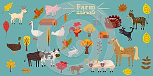 Big set of farm animals, pig, rabbit, cow, bull, cat, dog, goose, duck, turkey, donkey, goat, sheep, ram, modern