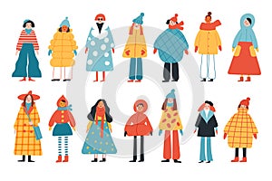 Big set of female characters in different clothes in hand drawn style