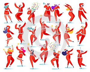 Big set of flat cartoon people characters isolated on white background they rejoice, dance, jump, have fun. Dressed in Santa Claus