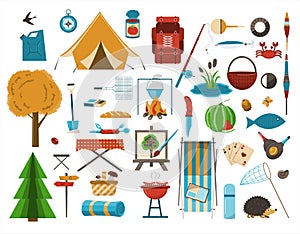 A big set of flat icons for camping. Vector cartoon illustration. Equipment for Hiking, mountaineering and camping-a set