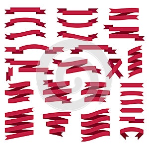 Big set of flat ribbons isolated on white background. Red ribbon