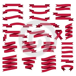 Big set of flat ribbons isolated on white background. Red ribbons for web design, flyers, packaging etc