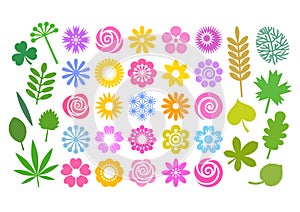 Big set of flowers and leaves in simple cartoon flat style. Cute floral collection for patterns, borders, greeting cards