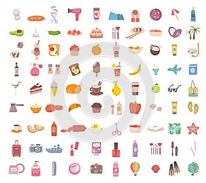 Big set of food, drink bodycare, travel and summer holiday related objects and icons. For use on poster, banner, card