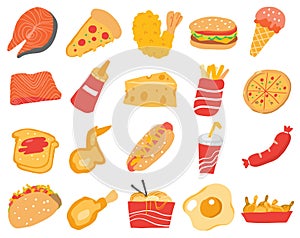 Big set of food icons, collection of fast food images