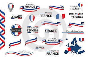 Big set of French ribbons, symbols, icons and flags isolated on a white background, Made in France, Welcome to France