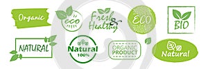 Big set of fresh eco organic grunge labels on a white background