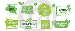 Big set of fresh eco organic grunge labels on a white background