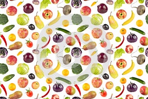 Big set fresh fruits and vegetables isolated on white. Seamless pattern