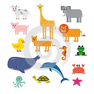 Big set of funny domestic and wild animals, marine mammals, reptiles, birds and fish.Collection of cute cartoon characters isolate