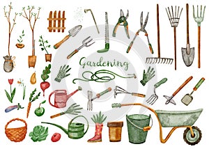 Watercolor big set with gardening farming tools.