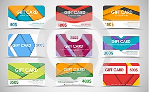 Big set of gift cards of different values.