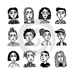 Big set of gilrls avatars. Doodle style portraits of fashionable girls. Feminists union, girls power, sisterhood concept