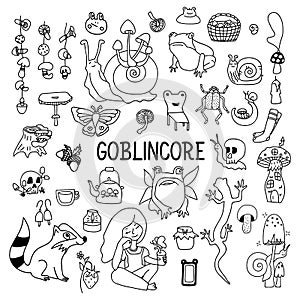 Big set of goblincore doodle with snail, strawberry, frog, girl, teapot, mushroom. Vector cottagecore illustrations on white