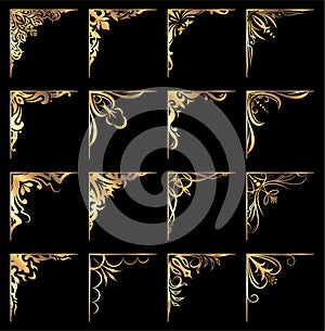 Big set of gold vector corners on a black background