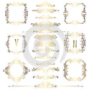 Big set of gold vintage styled calligraphic frames and flourishes, complex and exquisite decoration