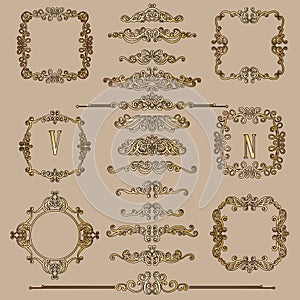 Big set of gold vintage styled calligraphic frames and flourishes, complex and exquisite decoration for invitation