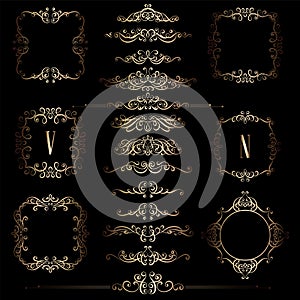 Big set of gold vintage styled calligraphic frames and flourishes, complex and exquisite decoration for invitation