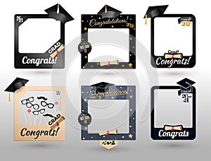 Big Set of graduation party photo booth props. Concept for selfie. Frame with cap for grads. Congratulation grad quote. Vector