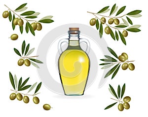 Velký sada zelený olivy láhev z olej 