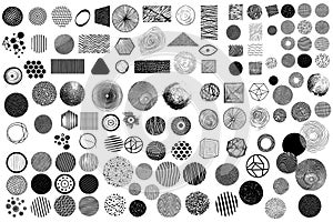 Big set of grungy abstract black shapes hand drawn textures. Lines, circles, triangles. Hand drawn elements for your