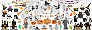 Big set of Halloween elements, with text, pumpkins, ghosts, monsters, zombie, death, candy, balloons. Isolated objects. Vector