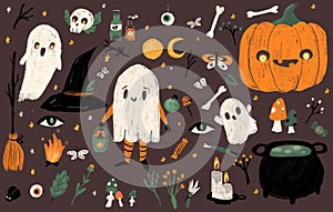 Big Set of halloween hand drawn charcoal elements. Ghosts, pumpkin, cauldron, candles and other symbols for Samain celebration photo