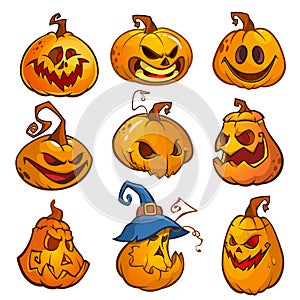 Big set of halloween pumpkins with Jack O`Lantern face, vector illustration.