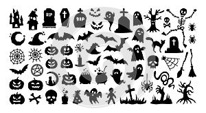 Big set of Halloween silhouettes icon and character. Collection of black silhouettes of Halloween pumpkins, ghosts etc