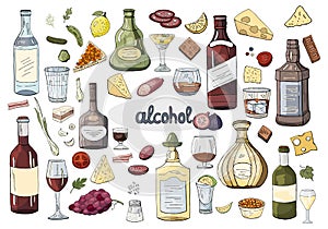 Big set hand drawn alcohol drinks and glasses isolated on the white