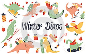 Big set of hand drawn Christmas dinos and holiday toys. Vector festive illustrations