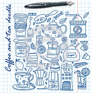 Big set of hand drawn coffee and tea doodles. A set of isolated vector drawings for tea drinking and making all kinds of