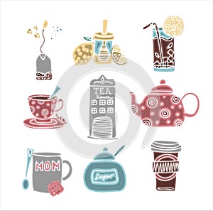 Big set of hand drawn coffee and tea doodles. A set of isolated vector drawings for tea drinking and making all kinds of