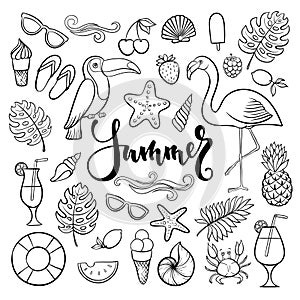 Big set of hand drawn cute cartoon summer symbol and objects for wrapping, package, poster, web design, fabric. Vector illustratio