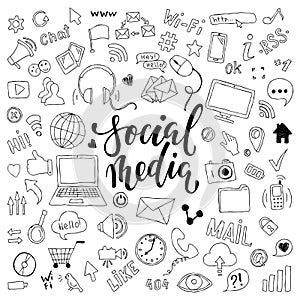 Big set of hand drawn doodle cartoon objects and symbols with lettering. on the Social Media theme