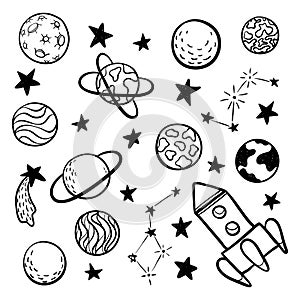 Big set of hand drawn doodle space elements space, rocket, star, planet, space probes black and white isolated on background.