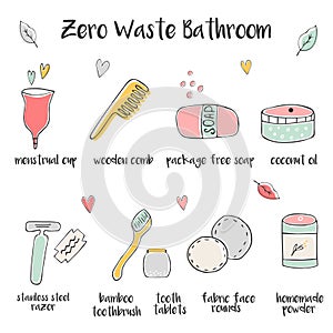 Big set of hand drawn icons for zero waste bathroom