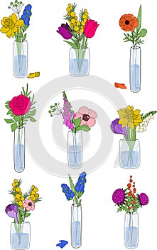 Big set of hand drawn outline flowers bouquetes in vase for design, decoration, cards, posters, invitations, web, icons photo
