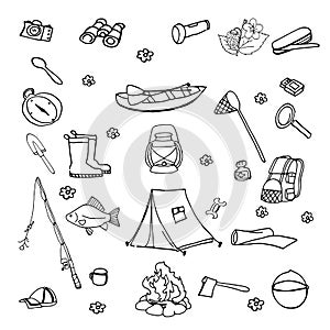 Big set hand drawn summer tourism doodle with tent, fishing rod,backpack. Vector travel illustrations on the white background