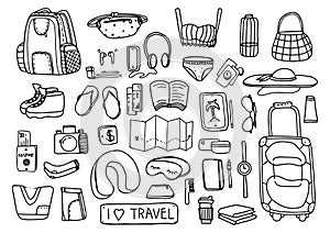 Big set of hand drawn travel doodle. Vector illustration. Tourism and summer sketch with travelling elements